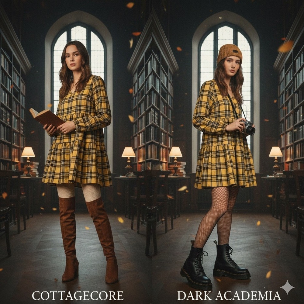 NWT Yellow Black Plaid Tiered Dress S Cottagecore Dark Academia Long Sleeve Mini